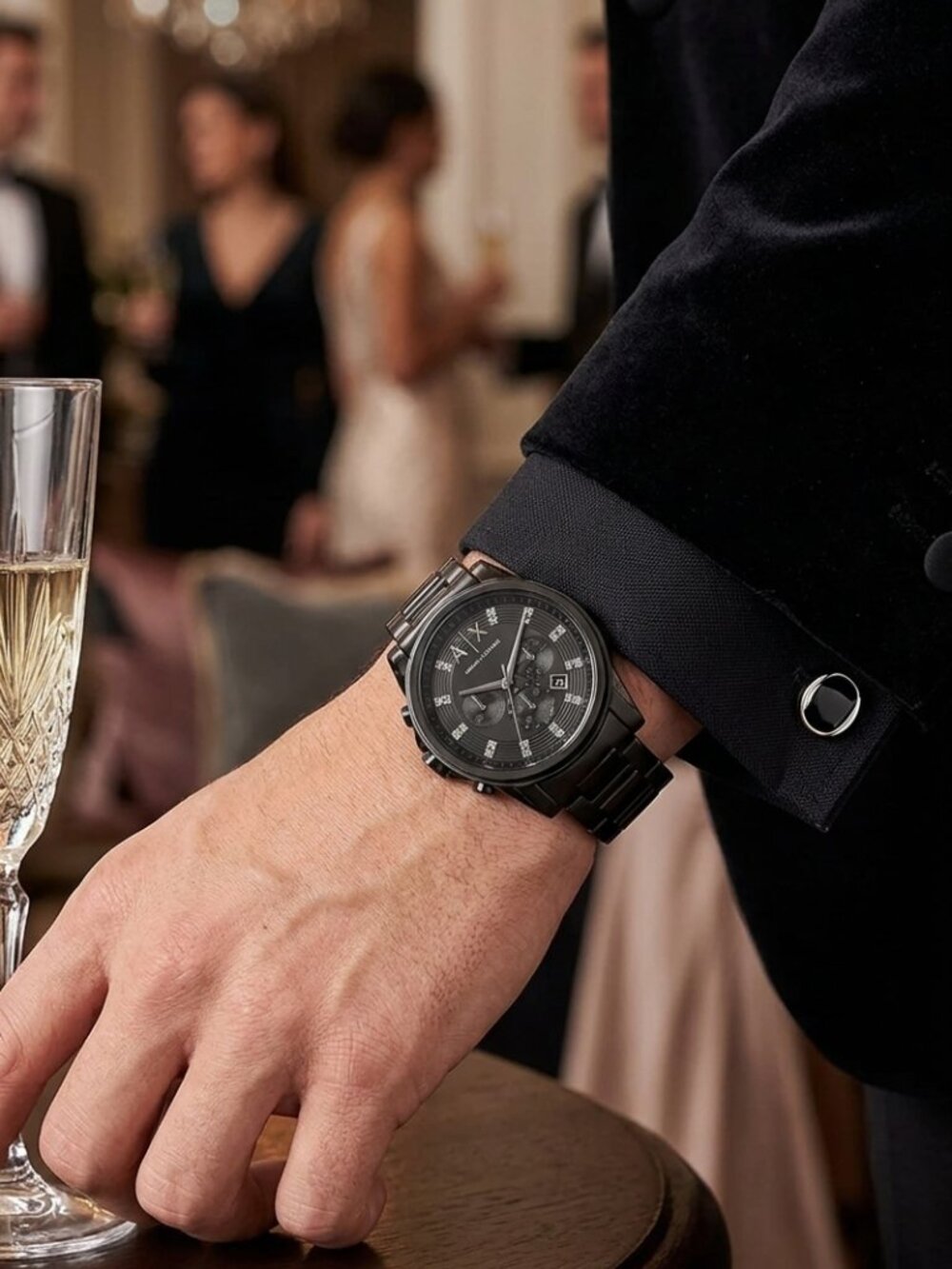 All Black AX Armani Exchange Chronograph Watch with Rhinestone Design and Box